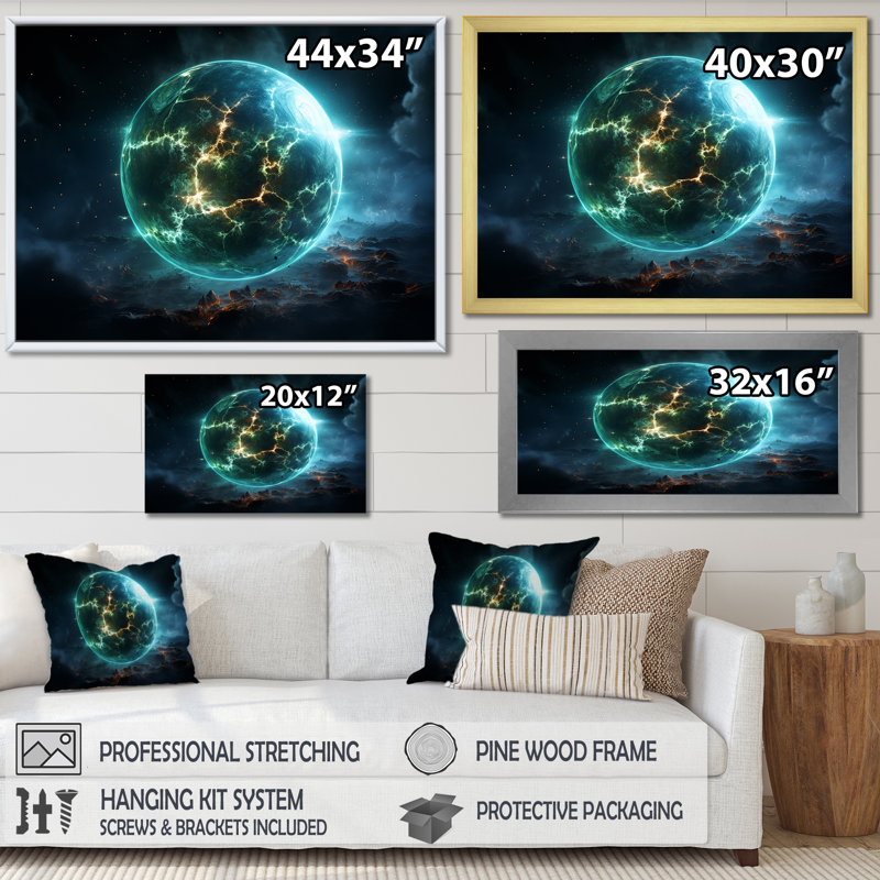 Vert et jaune, planète cosmique, art mural, H 30 po x l 40 po x P 1,5 po, Cadre d'angle fermé noir