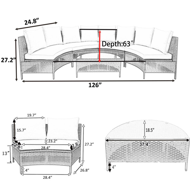 Ensemble de 5 canapés modulaires en demi-lune en rotin d'extérieur en polyéthylène - structure en acier, table en verre trempé