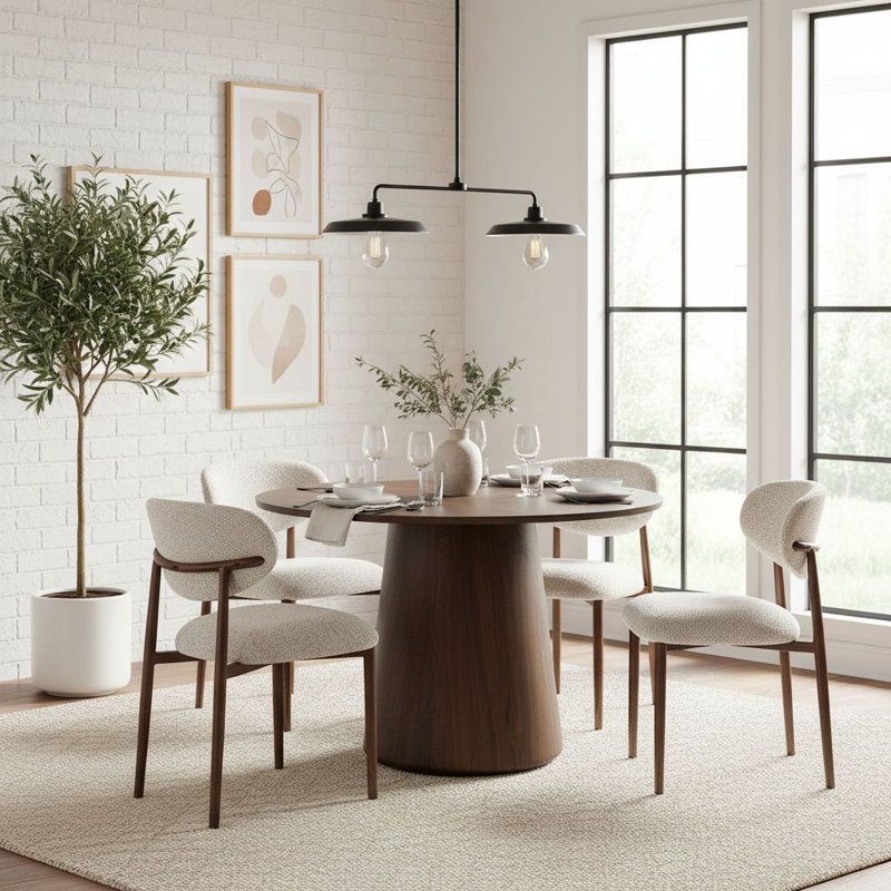 Chaises de salle à manger rembourrées de style Mid-Century avec pieds en métal grain de bois, Blanc
