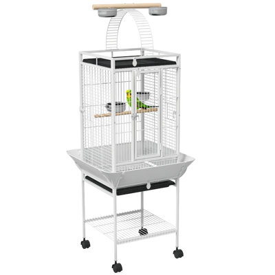 Tucker Murphy Pet™ 61.5 Inch Bird Cage Parakeet House For Cockatiel With Stand, Pull Out Tray, Play Top, Storage Shelf, Wood Perch, Food Container, White