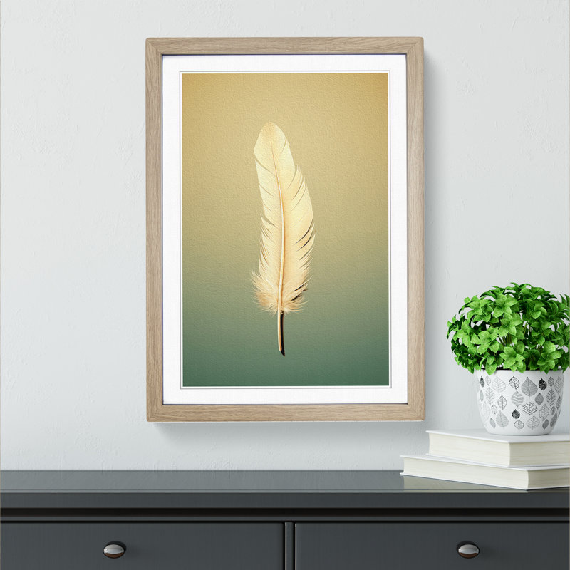 Feather Minimalism - Single Picture Frame Print on Wood, Oak, 64cm H x 46cm W x 2cm D