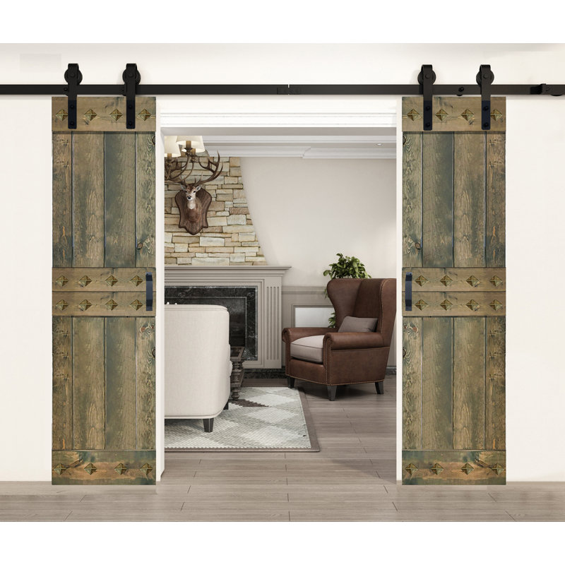 Porte de grange à panneaux et en bois avec quincaillerie d'installation, 48 po x 84 po, Tonneau vieilli