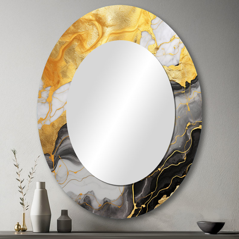Gold And Grey Abstract Marble Mirage II - Abstract Oval Decorative Mirror On Metal, 43" x 33"