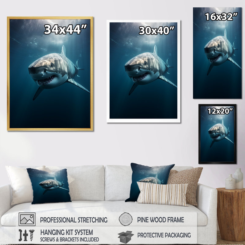 Blue Shark Apex Predator Photo I - Shark Wall Decor 119842, H 32 po x l 24 po x P 1 po, Cadre simple blanc