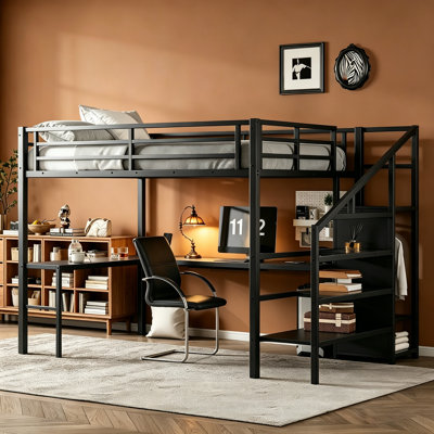 Lit mezzanine avec bureau en forme de L et port USB, lit mezzanine en métal avec garde-robe et tablette réglable, lit mezzanine haut avec DEL pour enfants, adolescents, adultes
