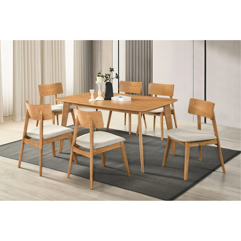 Ensemble de salle à manger décontracté 7 pièces, table rectangulaire et 6 chaises rembourrées en tissu beige, finition chêne naturel, 6 places, décor intérieur côtier contemporain