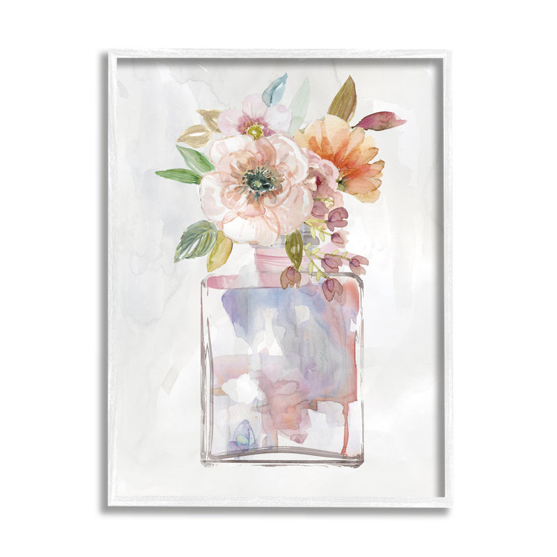 Bouquet floral contemporain avec bouteille de parfum chic par Carol Robinson - Peinture sur toile, H 20 po x l 16 po