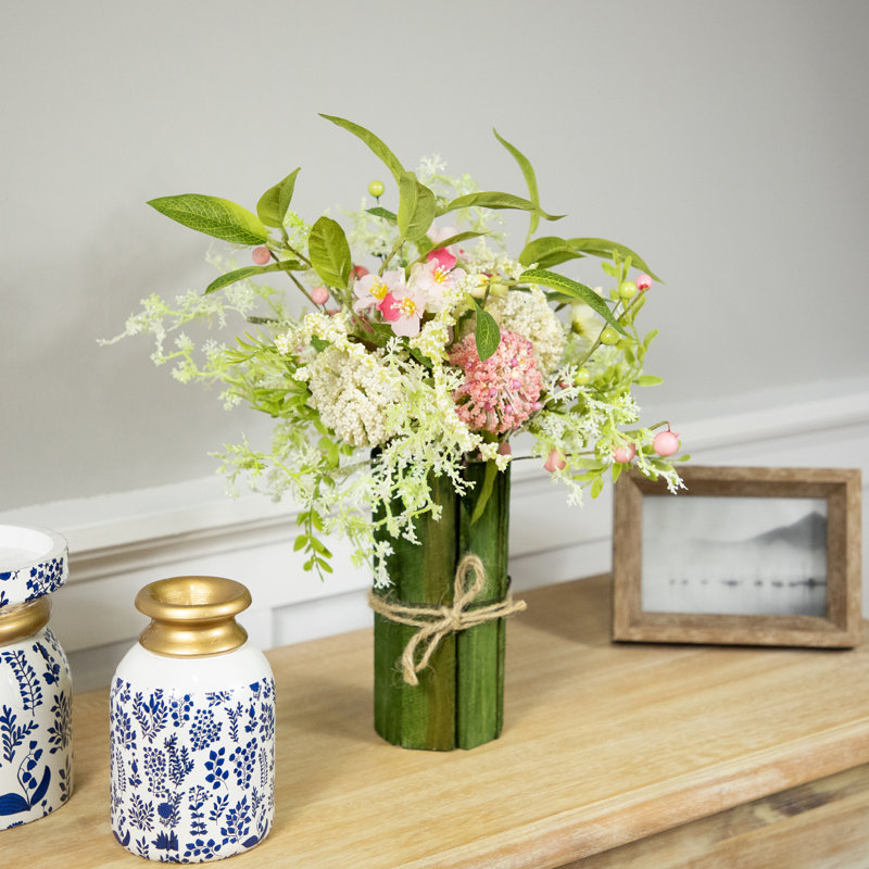 Pink and White Hydrangea Bouquet in Green Wooden Vase with Jute Rope