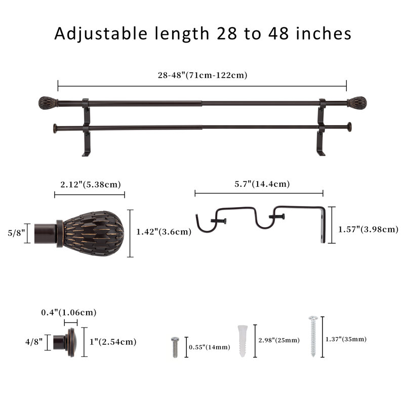 Tringle à rideaux double réglable en acier Roul, Bronze, 28" - 48"