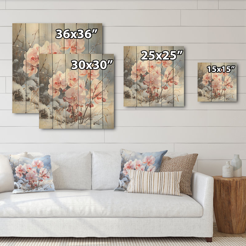 Charme d'orchidées roses en hiver - Art sur bois de pin naturel, H 15 po x l 15 po