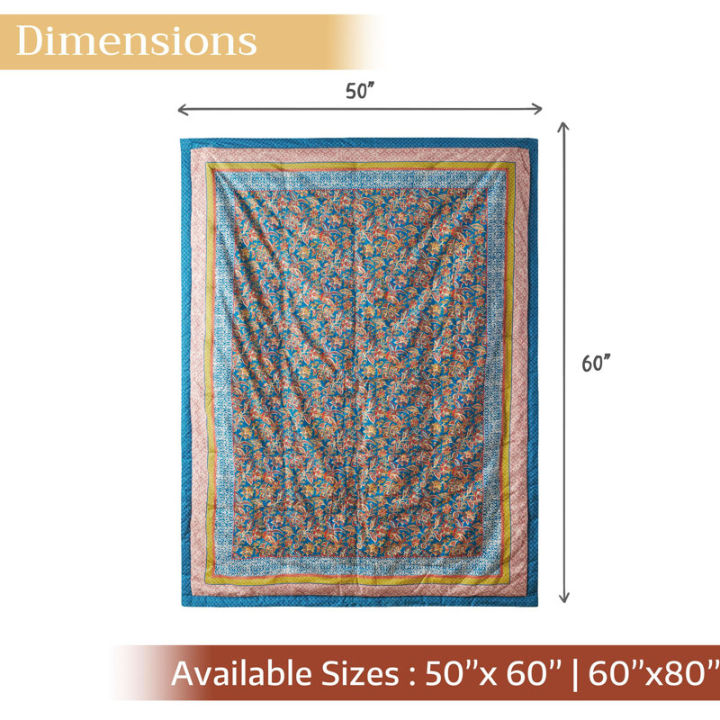 Maison d'Hermine Kerala - Plaid bleu 100 % coton - 127 cm x 152 cm, L 60 po x l 50 po