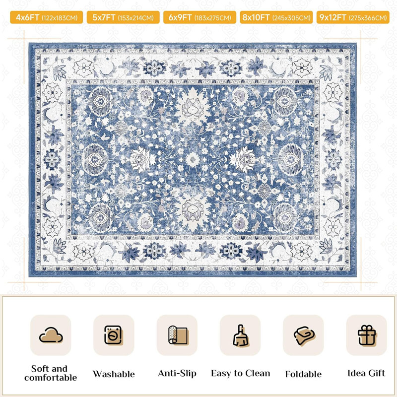 Machine Washable Folded Area Rug For Living Room Bedroom Modern Style Low-Pile Soft Rug For Dining Room Home Decor Traditional Carpet, Non Slip & Easy To Clean