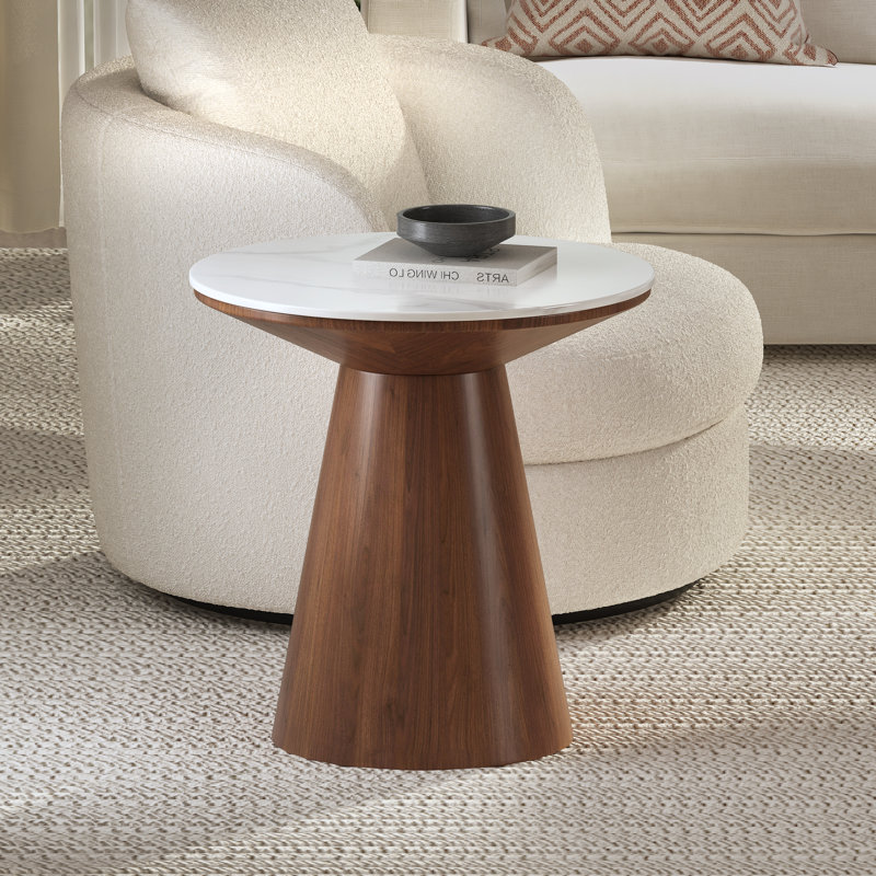 18.9" Sintered Stone Round End Table, Glossy Marble White