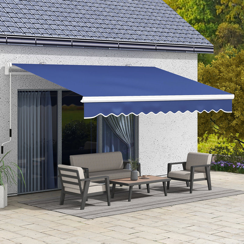 Dark Blue Retractable Yard Awning 13' X 8'. & Water-. Aluminum Frame With Easily Operated Manual Crank Setup. Heat Reducing. Fits Various Surfaces. Deck, Patio, Balcony Patio Awnings Protected,