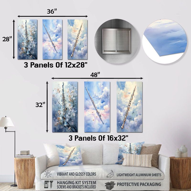 Flûte musicale vol bleu ciel - ensemble de 3 reproductions d'art mural en métal, H 28 po x l 36 po