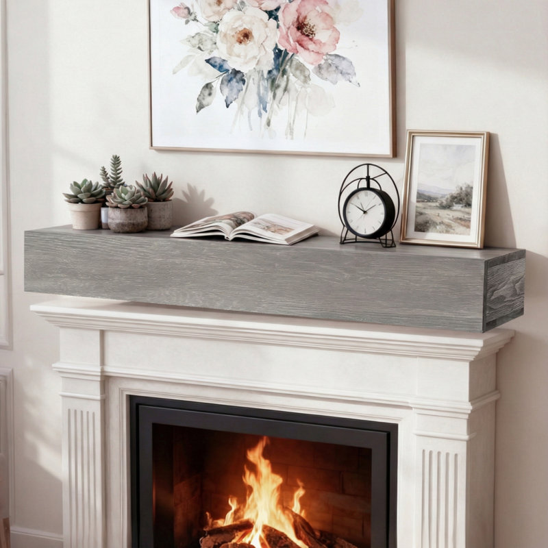 60" Rustic Wood Fireplace Mantel,Wall-Mounted & Floating Shelf for Home Decor, 60", Gray