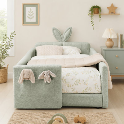 Twin Size Upholstered Platform Bed with Cute Rabbit Ear Shaped Headboard, Safety Rail, and Storage Pocket, Boucle Fabric