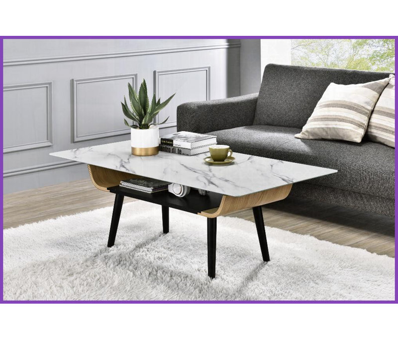 47” Landon Easy-Clean White Marble Texture Glass Top Coffee Table with Bent Wood &amp; Dichromatic Storage Shelf, White