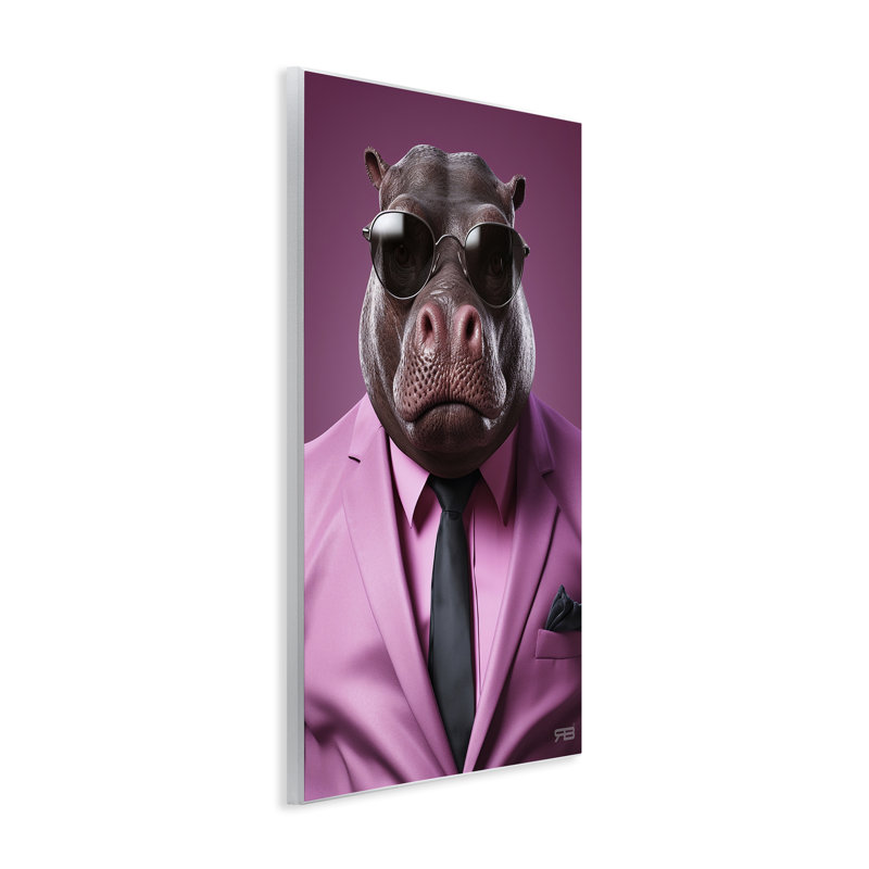 Strong Hippo Purple Suit Wall Plaque Art by Roozbeh Bahramali, 19" H x 13" W