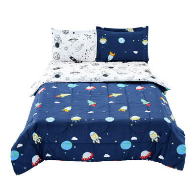 Kids Comforter Set, 5 Pieces, Twin Bedding Sets With 1 Comforter, 1 Flat Sheet, 1 Fitted Sheet, 2 Pillowcases, Soft Microfiber & Space Printed, Bedding Comforter Sets For Boys Girls Teen