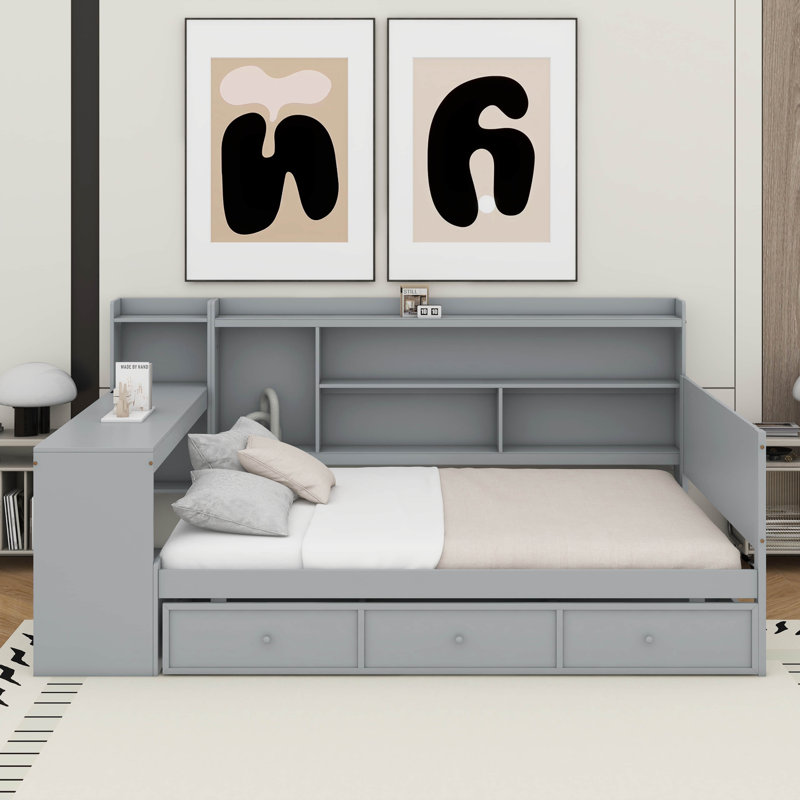 Lit de jour double avec tiroirs, USB et bureau, Gris