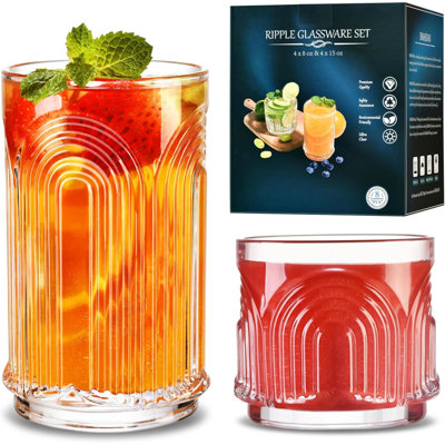 Arch Design Drinking Glasses Set Of 8, 15 Oz Highball Glasses & 8 Oz Cocktail Glasses Set, Ribbed Glassware, Art Deco Glassware, Vintage Drinking Glas