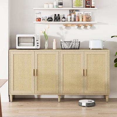 Rattan Sideboard with Four Doors and Adjustable Shelves, Easy Assembly