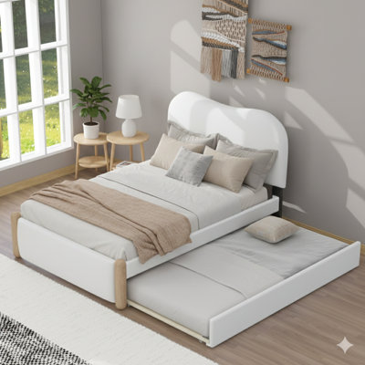 Twin Size Padded Low-Profile Bed With Wooden Supporting Legs And An Included Twin Size Pull-Out Trundle Bed, In White Finish.