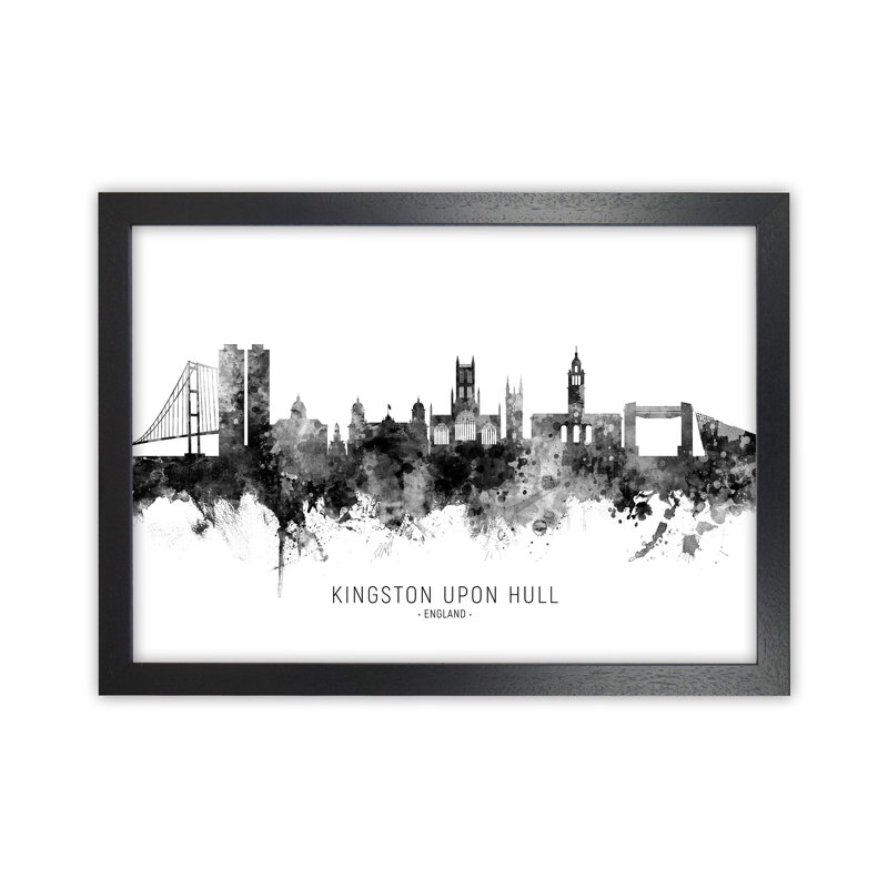 Kingston Upon Hull England Skyline Black White City Name by Michael Tompsett - Print, 64cm H x 88cm W x 3cm D, Black Framed