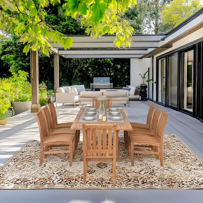 9 Piece Teak Wood Outdoor Patio Dining Set Including Rectangular Extension Table With 8 Abaco Side Chairs