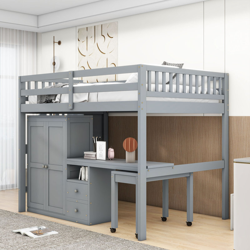 Loft Bed Featuring Integrated Staircase, Bookshelf, Drawers, Workspace Desk, And Wardrobe – All-In-One Solution, Gray, Full