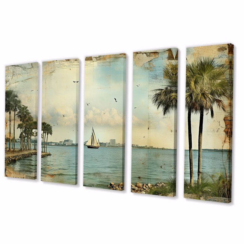 «Vintage 1920 Miami Palm Trees Beachside - Florida», reproduction sur toile - 5 panneaux égaux