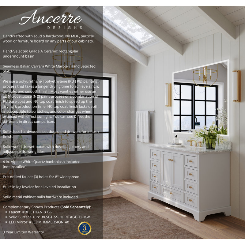 Audrey 48'' W Single Vanity, White/Brushed Gold, Carrara White Marble