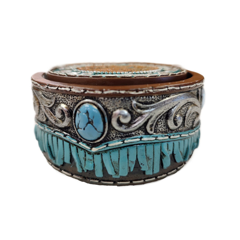 Ensemble de 4 sous-verres en polyrésine et cuir brun rustique poli avec support décoratif