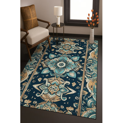 Tapis bleu tissé lavable rétro Mosso