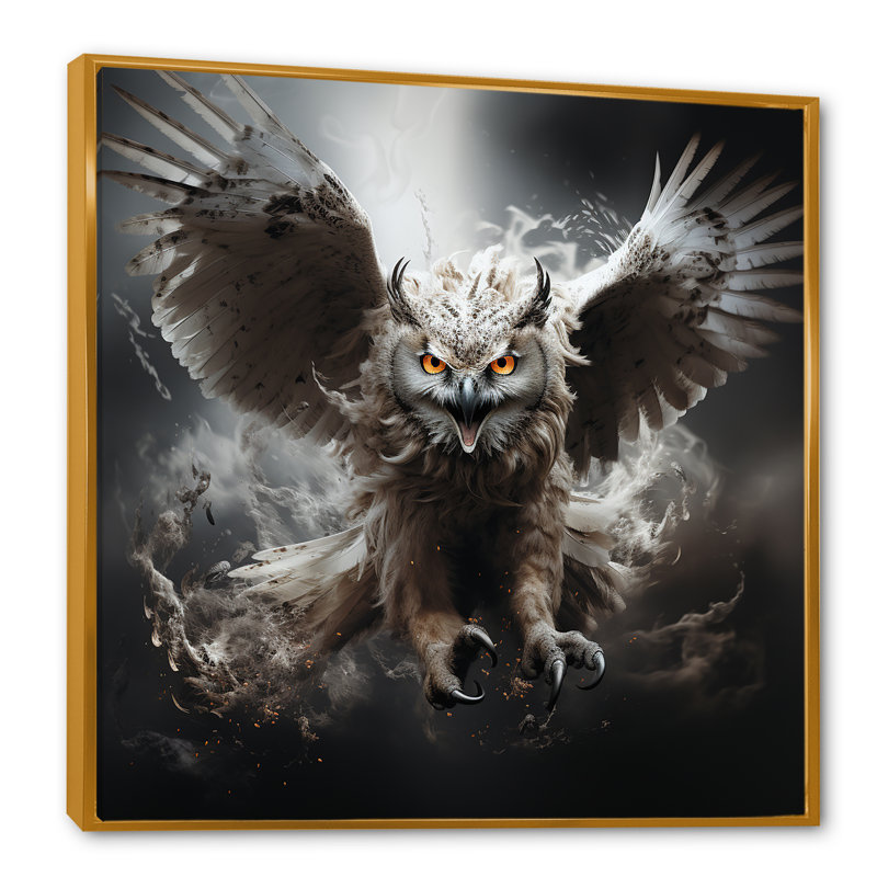 Portrait de hibou II - art mural hibou, Cadre flottant doré, H 36 po x l 36 po x P 1,5 po