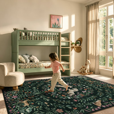 Goldene Machine Washable Animal Floral Green Area Rugs For Kid Room Living Room Bedroom Non Slip Soft Low Pile Unicorn Vintage Carpet