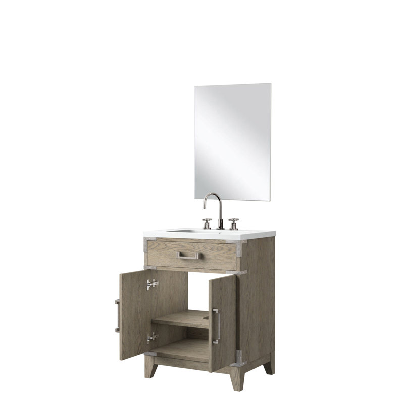 Meuble-lavabo en chêne gris 61 cm (L) x 46 cm (P) avec comptoir en acrylique, robinetterie, miroir de 46 cm et plateau de 61 cm inclus.