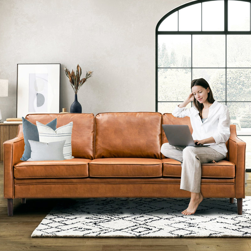  Jannae 80" Vegan Faux Leather Upholstered Square Arm Sofa, Jannae Orange-Brown Faux Leather
