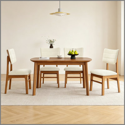 Ensemble de table de salle à manger Farmhouse pour 4, table de cuisine en bois et 4 chaises rembourrées avec structure en bois d'hévéa robuste, siège rembourré, dossier incurvé, ensemble de coin-repas peu encombrant pour la salle à manger, brun et beige
