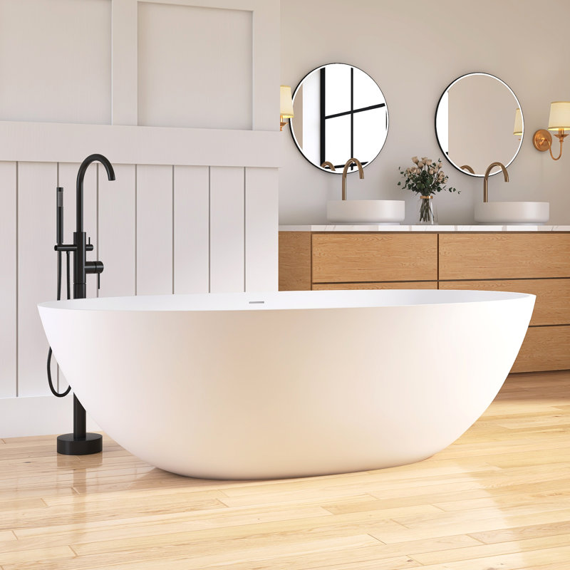 71"Freestanding Solid Surface Resin Stone Bathtub, Freestanding Tub, Contemporary Design Stand Alone Tub with Pop-up Drain and Overflow