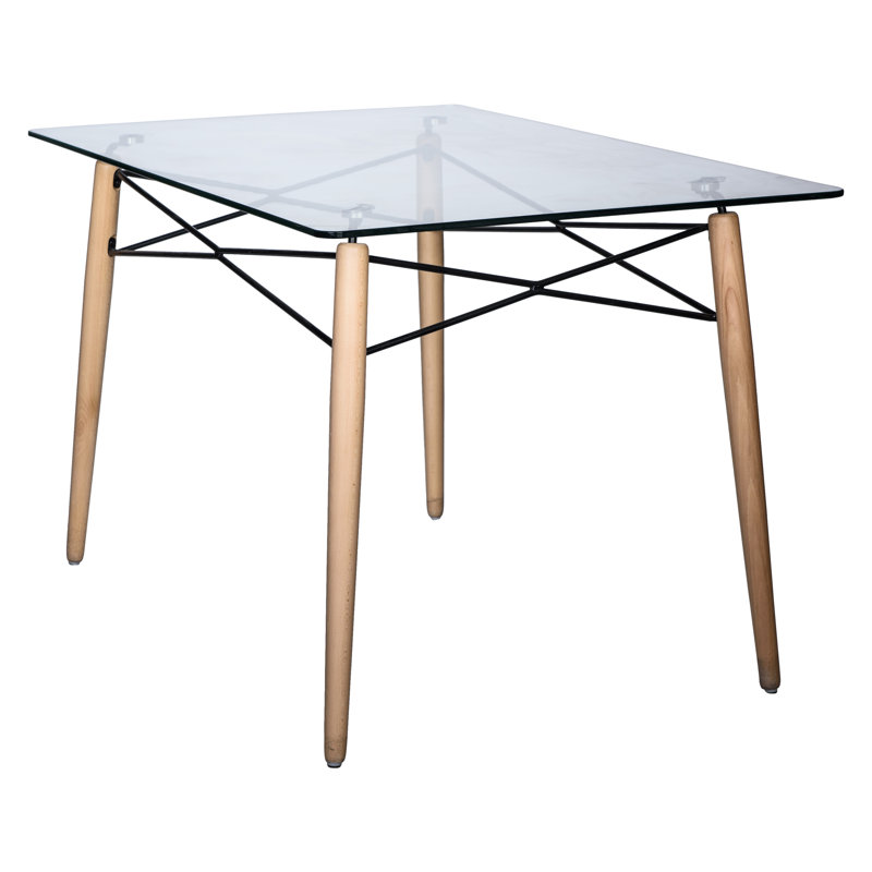 Kamron Rectangle Glass Top Dining Table with Natural Wood Eiffel Base, Clear