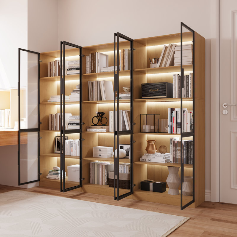 Bibliothèque l 94,5 po avec portes en verre et lumières à DEL, cabine de présentation avec tablettes à 5 niveaux, Chêne