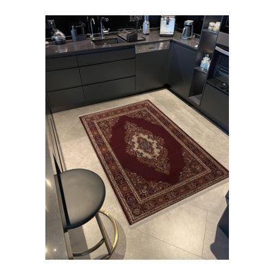 Burgundy Traditional Ethnic Fringed Vintage Decorative Machine Washable Area Rug