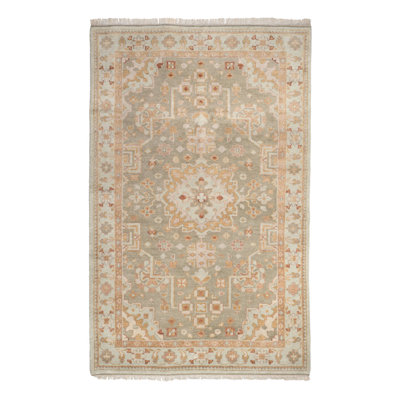 Kendra Hand Knotted Wool Oriental Area Rug in Olive/Taupe/Sky Blue