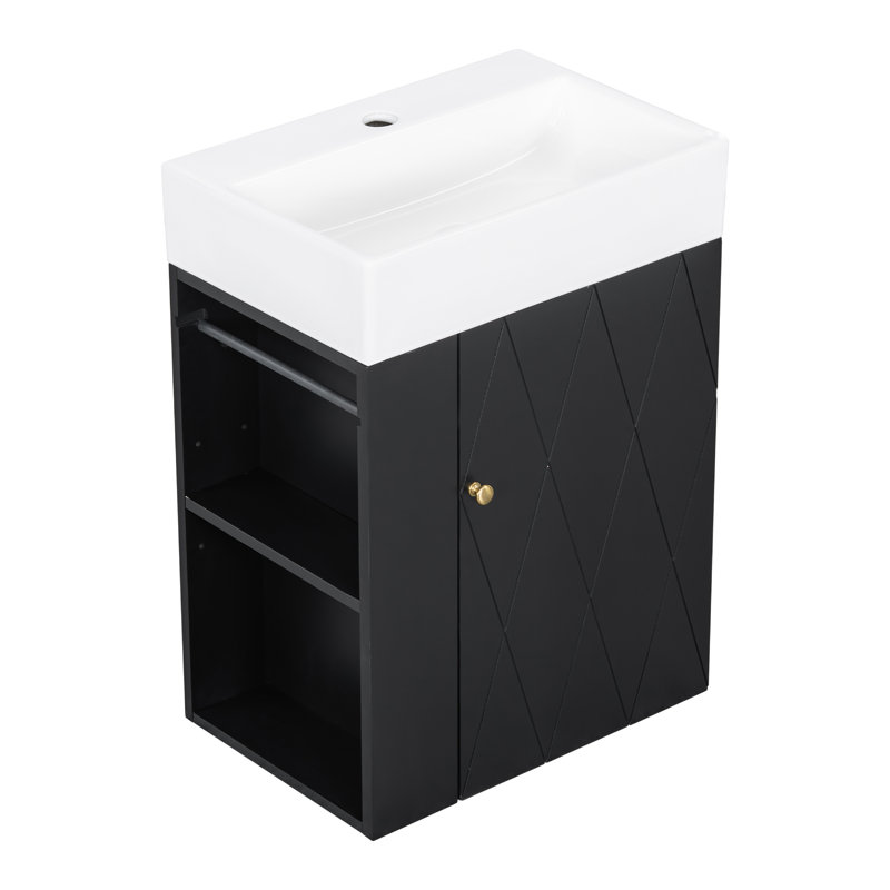 Petit meuble-lavabo de 20 pouces avec lavabo en céramique - meuble-lavabo compact moderne avec porte à motif de losanges, poignée dorée et tablettes de rangement latérales