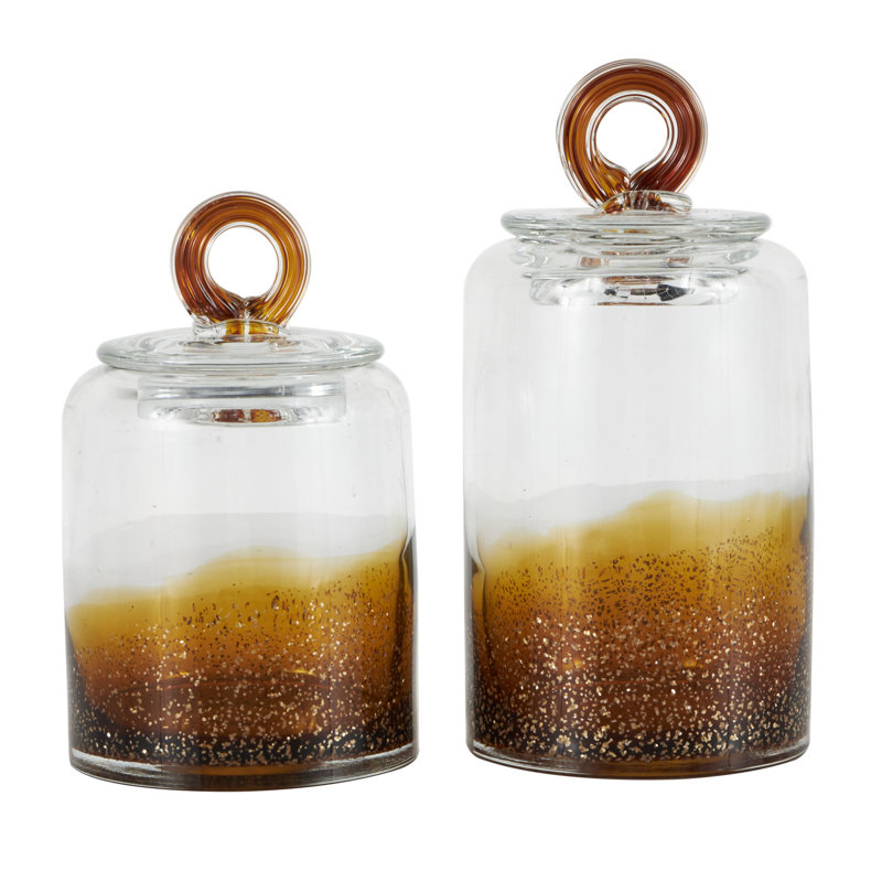 Glass Handmade Decorative Jars with Gold Flake Details and Ring Lids Set, Brown