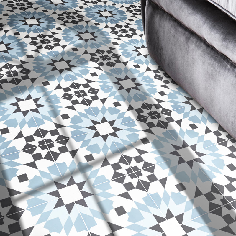 Reno 8" x 8" Cement Patterned Wall & Floor Tile, Sky Blue/Black/White