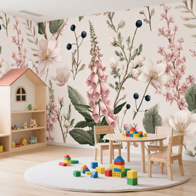 Papier peint adhésif pelez et collez aquarelle fleurs de baies sauvages sans soudure, plantes forestières, art mural d'été, adhésif et amovible