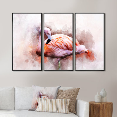 Portrait of Pink Flamingo III - 3 pièces, reproduction sur toile